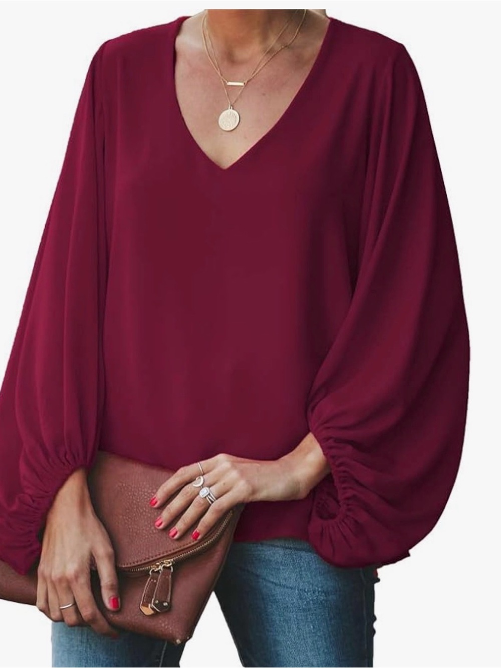Women's V-Neck Balloon Sleeve Top in Burgundy, 2XL